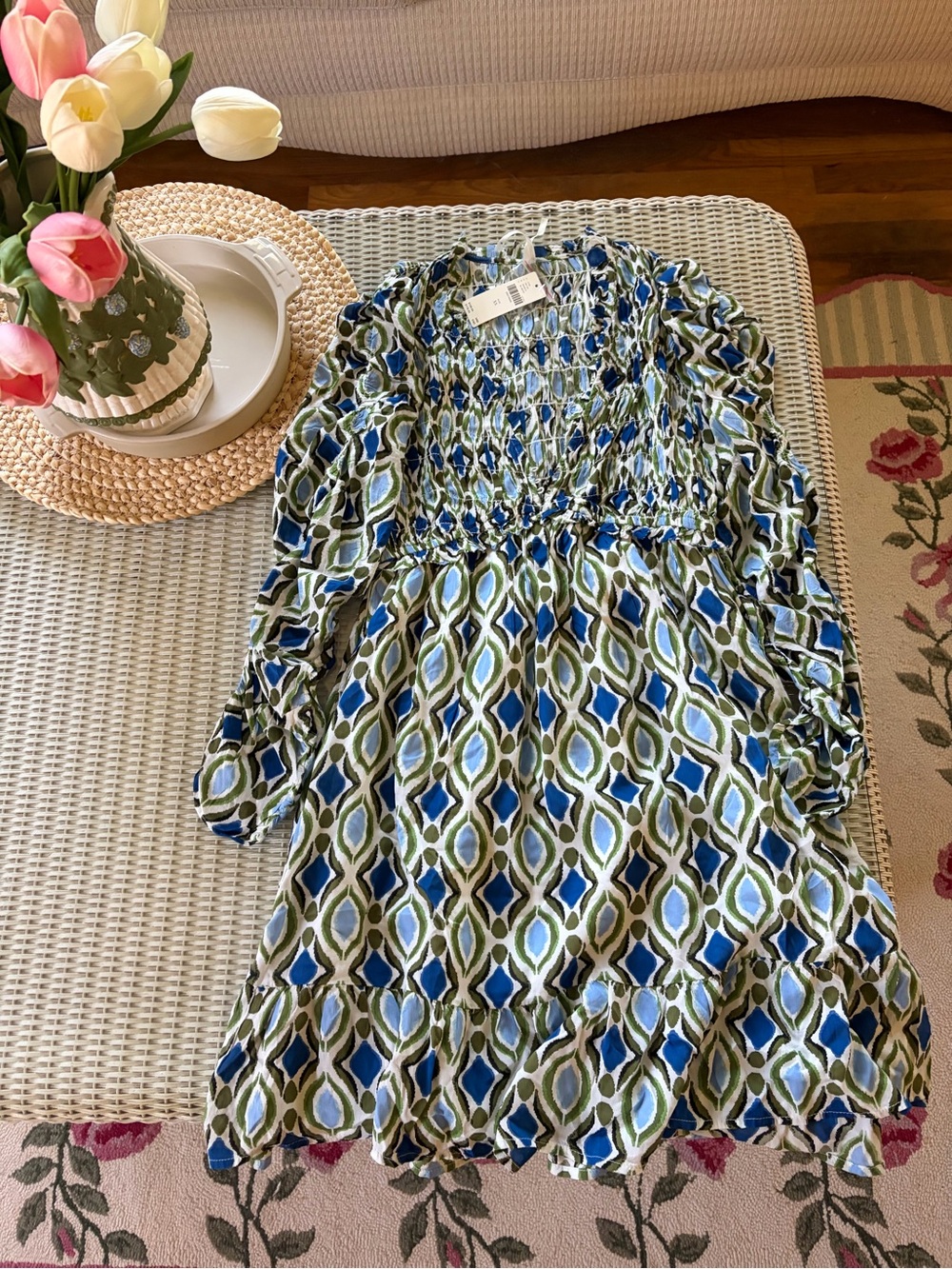 Moth Olive, Navy & Light Blue Geometric Smocked Midi Dress